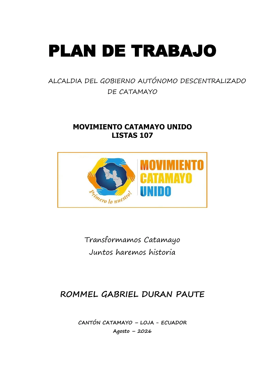 Portada del Plan de Trabajo de Rommel Durán para la Alcaldía de Catamayo